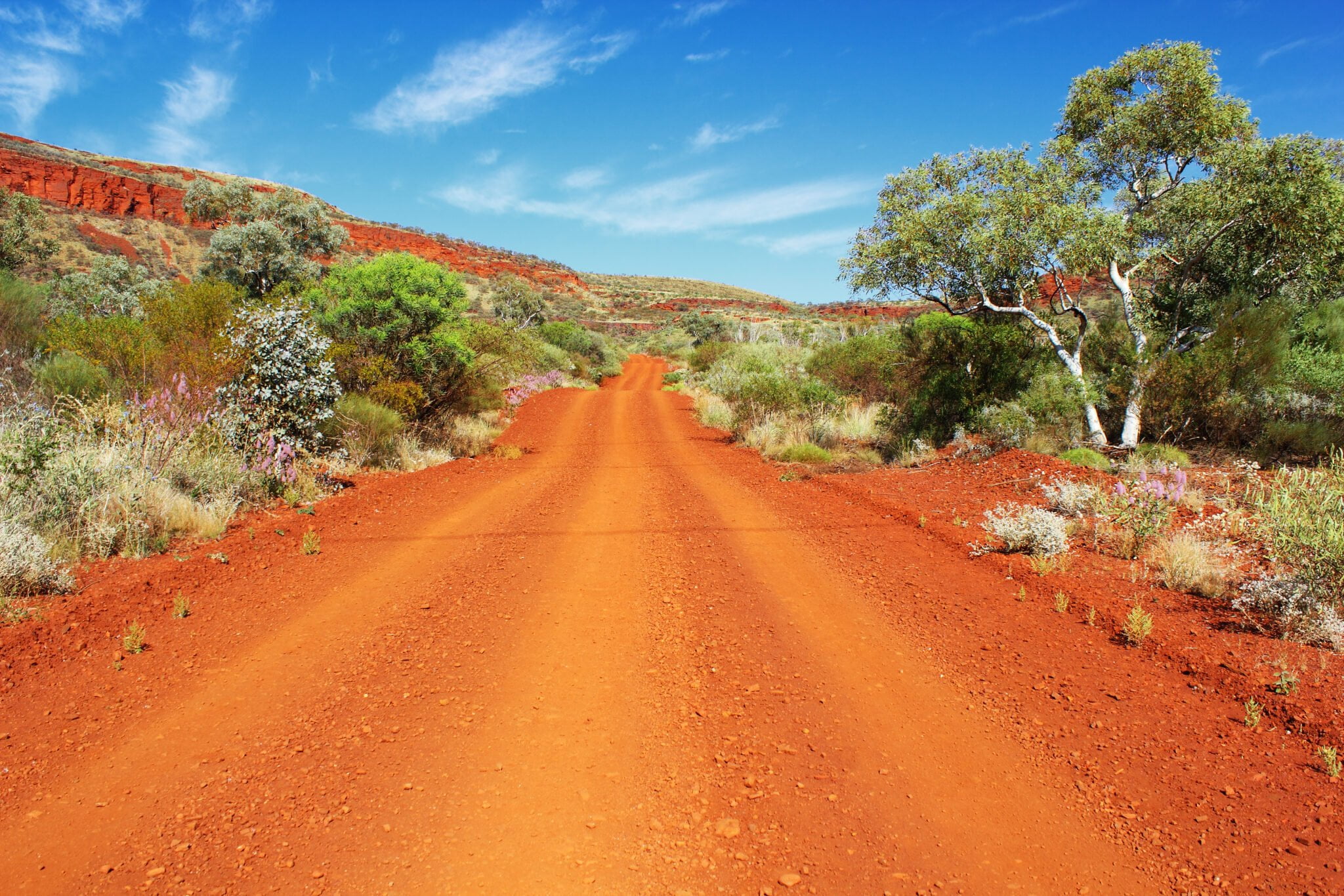 Dirt Road leading through the Australian Outback of the Karijini National Park towards Mount Nameless in the Karijini National Park, Western Australia