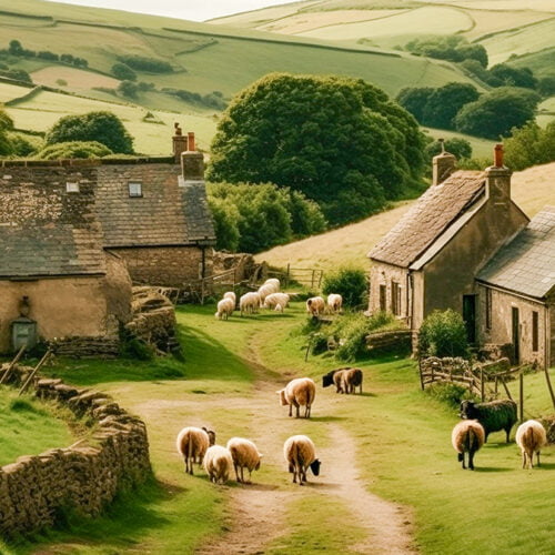 Sheep grazing English village