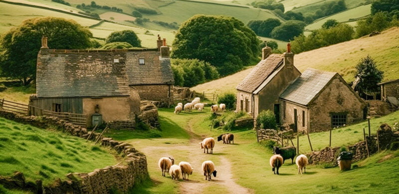 Sheep grazing English village